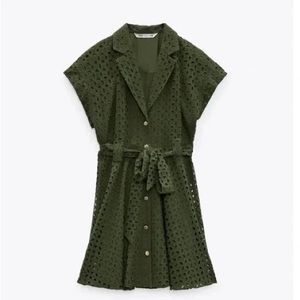 Zara Cotton Green Embroidered Eyelet Shirtdress, size S